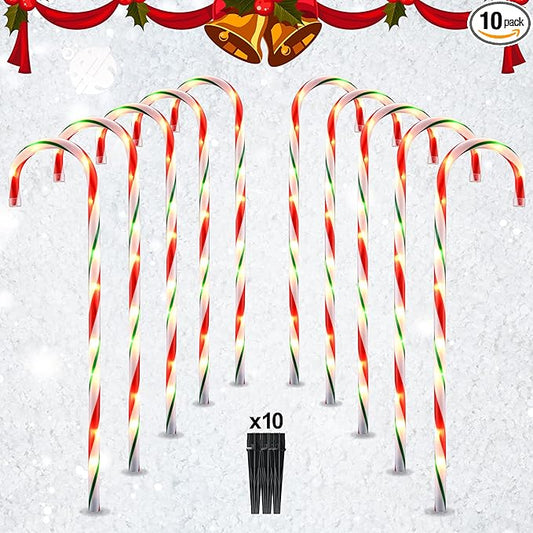26" Candy Cane Lights Christmas Decorations - 10 Pack Pathway Markers Outdoor Yard Decorations, Candy Cane Lights for Walkway, Lawn, Garden, Xmas Indoor Ornaments, Red & Green (100 Lights Bulbs)