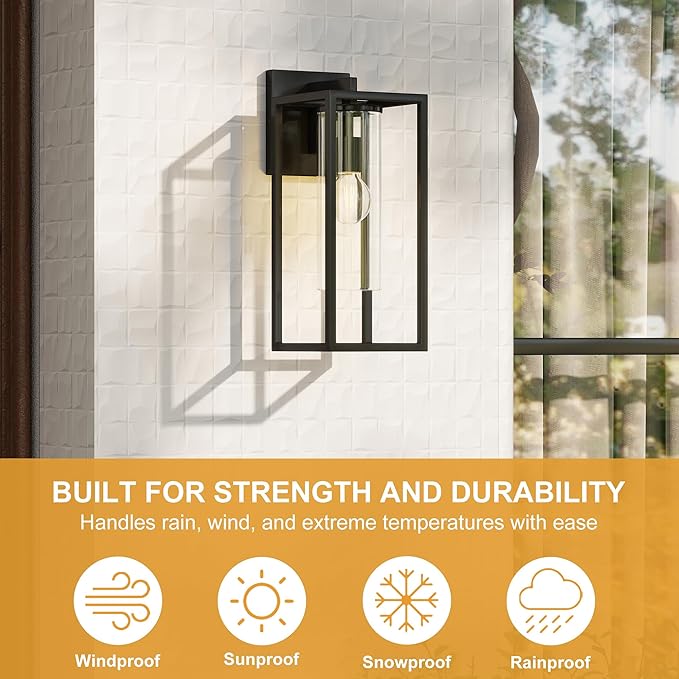 15.7 Inch Outdoor Wall Lights, Outdoor Wall Lantern with Circular Clear Glass Shade, Waterproof Exterior Lighting Fixtures, Modern Front Porch Lighting for House, Garage, E26 Base, ETL Listed, Black