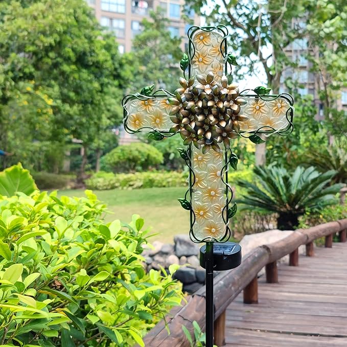 38inch Solar Cross Garden Lights Outdoor Decorative - Solar Metal&Glass Cross Apricot Hydrangea Flower Stake Lights- Waterproof 20 White LED for Remembrance Gifts & Sympathy Gifts