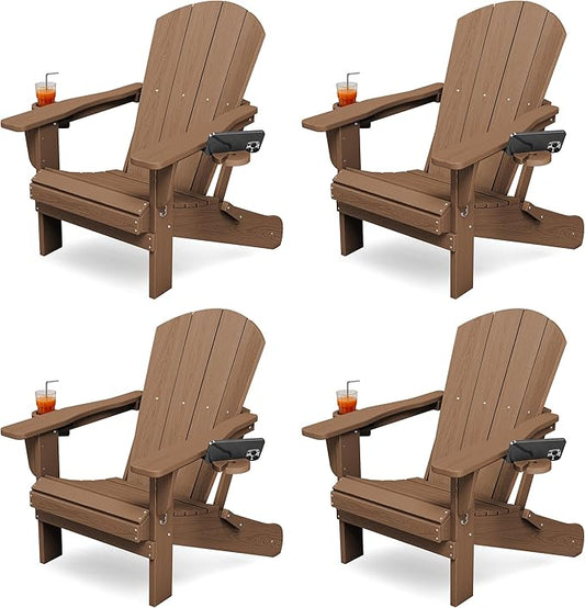 KINGYES Folding Adirondack Chair Set of 4, Dual Cup Holders & All-Weather HDPE, Wood-Like Patio Chair for Backyard, Camping, Pool & Fire Pit, Brown