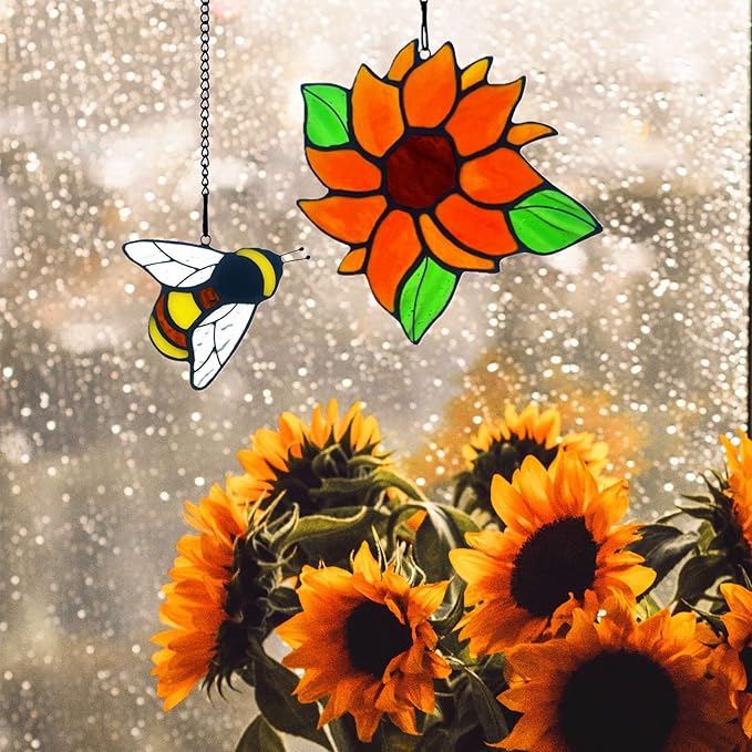 2 Packs Sunflower Gifts for Mom Grandma, Honey Bee Sunflower Stained Glass Window Hanging, Sun Flower Suncatcher for Window, Bee Themed Gifts for bee Lovers