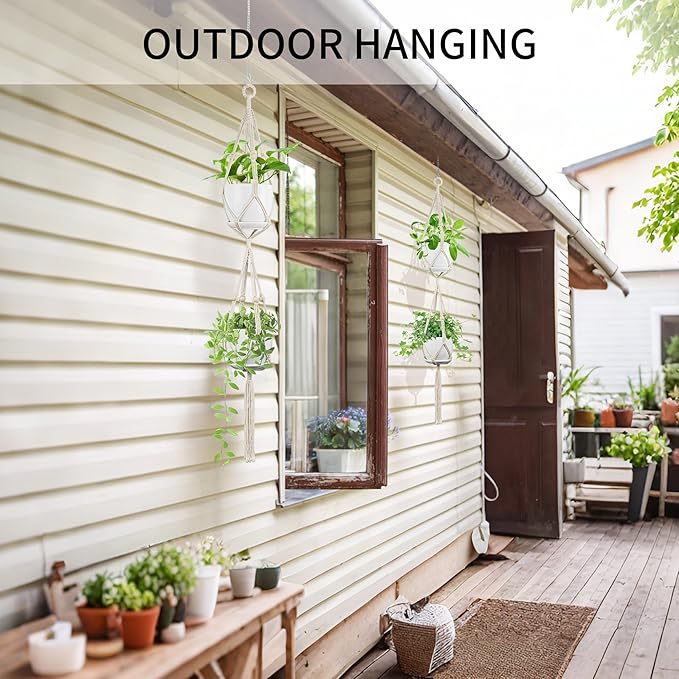 2 Pack Macrame Plant Hanger, 49 Inch, Fits 4-8 Inch Pots, 2 Tier Indoor Outdoor Hanging Planter Basket Flower Pot Holder, Boho Home Decor, Ivory (POTS NOT Included)