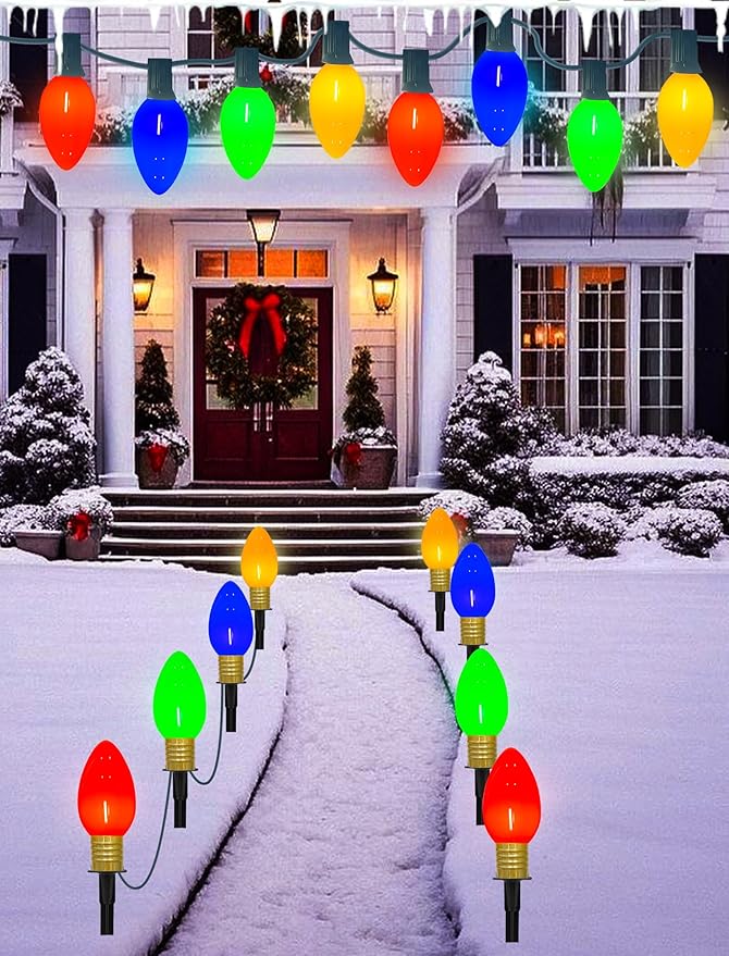 Jumbo C9 Christmas Pathway Lights Outdoor, 2Pk Total 14Ft Outdoor Christmas Decorations with 8 LED Jumbo C9 Multicolor Light Bulbs Christmas Walkway Lights for Lawn Holiday Yard Garden Sidewalk Decor