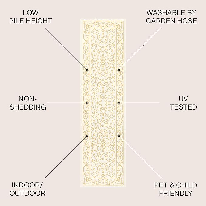 JONATHAN Y SMB106M-210 Charleston Vintage Filigree Textured Weave Indoor Outdoor Runner Rug, Classic,Traditional,Transitional Easy Clean,Bedroom,Kitchen,Backyard,Patio, Non-Shed, Cream/Yellow, 2 X 10