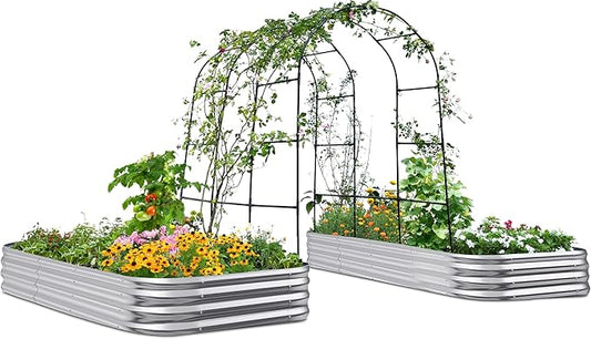 KING BIRD Raised Garden Bed with Arched Trellis Galvanized Planter Garden Box Outdoor for Gardening, Climbing Vegetables, Flowers 7.87x3.94x0.98 Ft 2PCS, Silver