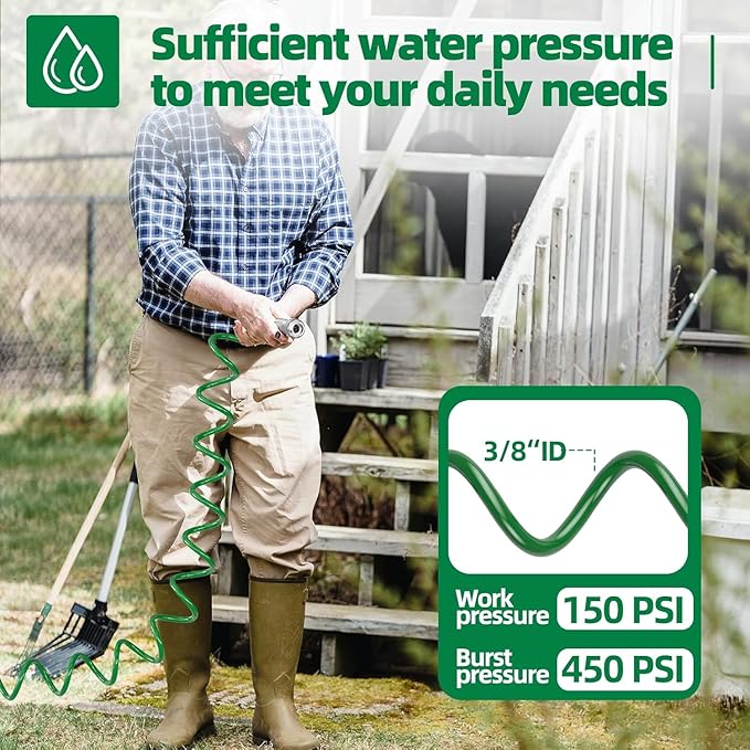 3/8" Lightweight Coil Garden Hose 100FT, EVA Flexible Curly Water Pipes with 6-Pattern Spray Nozzle for Boat, Greenhouse, Yard, Patio, Green