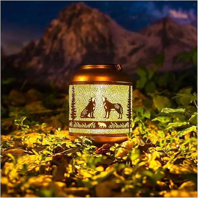 2 Pack Wolf Solar Lanterns Outdoor Waterproof Hanging Solar Lights Wolf Gifts for Women Men Mom Metal Decorative LED Outdoor Lanterns for Patio, Lawn, Landscape, Garden Decor, Yard Decorations