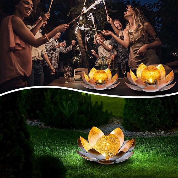 Huaxu Solar Lights Outdoor Garden Decorative Art Metal Lotus Cracked Glass Ball Waterproof Decorations for Pathway Lawn Patio Yard Ground Tabletop Gifts