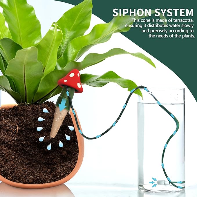 BYDOLL Plant Self-Watering Stakes Automatic Watering Terracotta Spikes for Indoor Outdoor Plants,Houseplant Mushroom Insert Devices for Vacation use,Bonsai Drip Irrigation System (5 Pack)