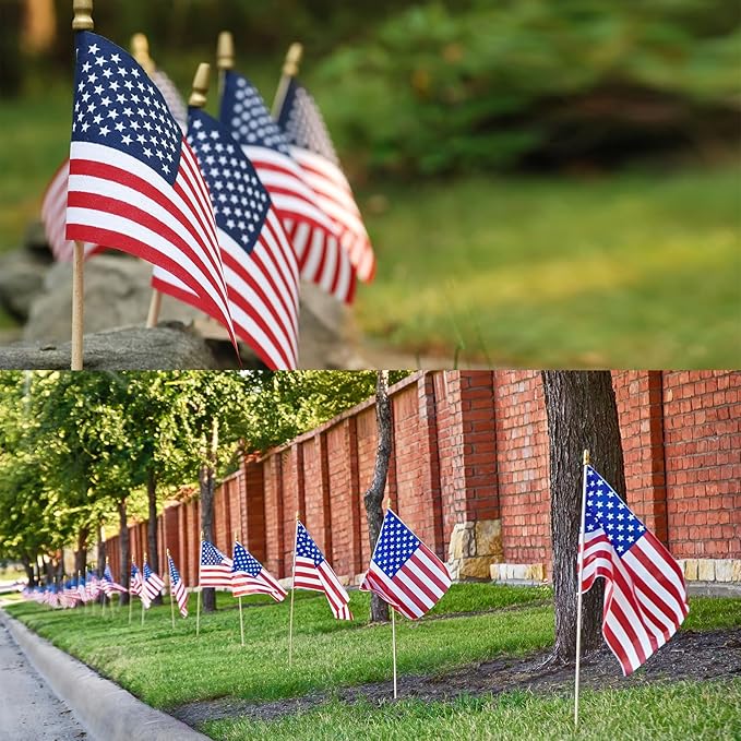 100pcs Small American Flags on Stick, Handheld 8 x 5.5 Inchs Mini American Flags with Kid-Safe Golden Spear Top, US Flags for 4th of July Decorations Outdoor, Independence Day Decorations