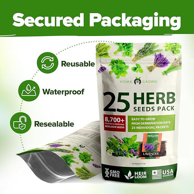 HOME GROWN 25 Herb Seeds for Planting 8,700+ Non-GMO Heirloom Seeds | Extra Large Variety Pack Herb Kit – Indoor Outdoor & Hydroponic | Culinary Seed Set | Grow Your Own Herbs | Gardening Gift