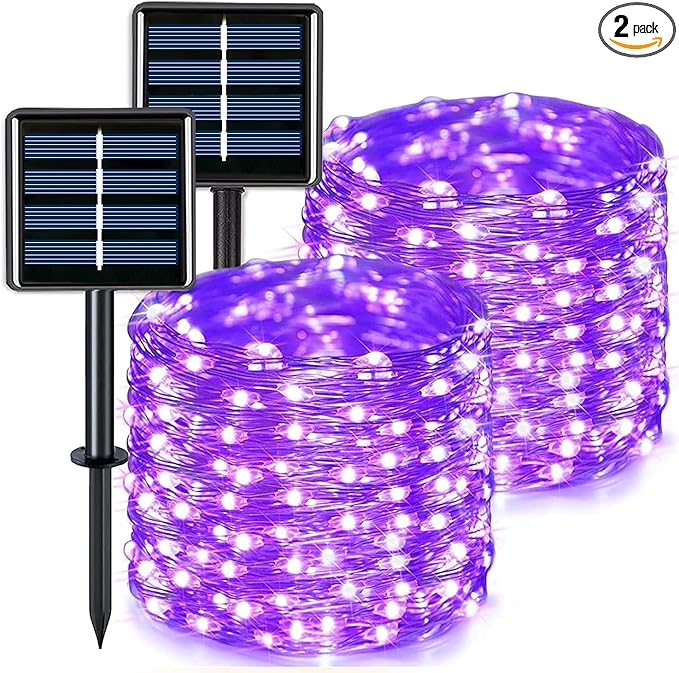 JMEXSUSS 2 Pack Purple Solar Halloween Lights Outdoor, 66ft 200 LED Solar Fairy Lights Outdoor Waterproof, 8 Modes Solar String Lights for Outside Halloween Christmas Decorations