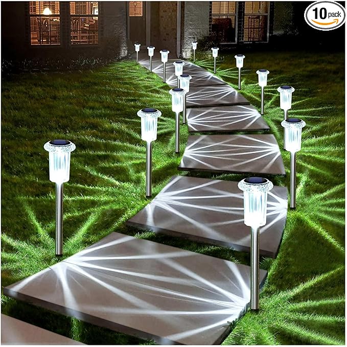 DenicMic Solar Lights Outdoor Pathway Lights 6000K LED Waterproof Acrylic Lamp Head Stainless Steel Stake for Yard Garden Landscape Path Walkway Driveway Patio Lawn (Cold White 10Pack)