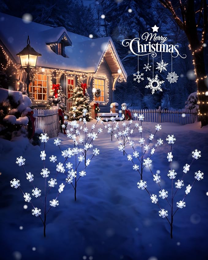 Brightown Snowflake Lights Outdoor Pathway, 8 Packs Lighted Branches Christmas Yard Decor, Small Tree With Lights, Twig Branch Outdoor Christmas Decorations, Pure White