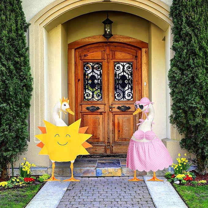 2 Set Hawaiian Luau Porch Goose Outfit for Lawn 23'' Plastic Goose Clothes Costume Summer Outdoor Decor(Sunny Style)