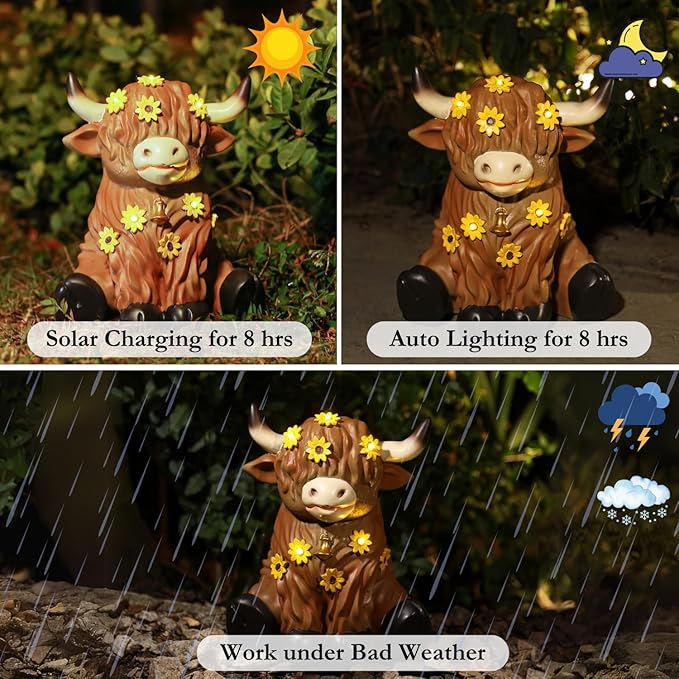 Highland Cow Decor, Highland Cow Gifts, Highland Cow Statue, Solar Garden Statue for Outside, Solar Garden Yard Patio Decor, Outdoor Statue for Garden, Yard, Gardening Gifts for Women, Mom