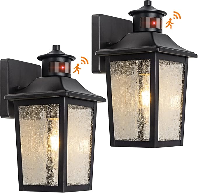 2 Packs Motion Sensor Outdoor Wall Lights - Black Dusk to Dawn Outdoor Lighting, LED Waterproof Exterior Garage Light Fixture, Modern Porch Light Outside Wall Mount for Front Door, House, Anti-Rust