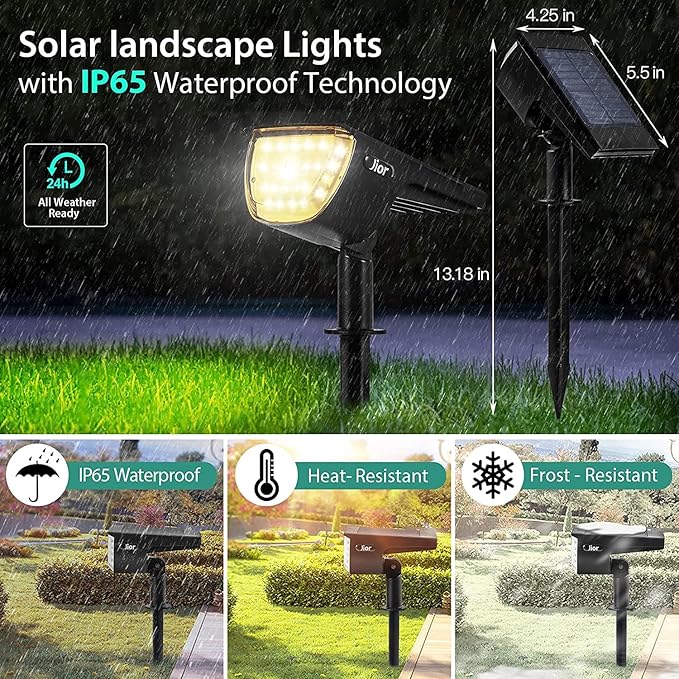 Jior Solar Landscape Spot Lights Outdoor 32 LED IP65 Waterproof Solar Powered Wall Lights 2-in-1 Adjustable Lights for Garden Yard Driveway Walkway Pool Patio 4 Pack (Warm White)