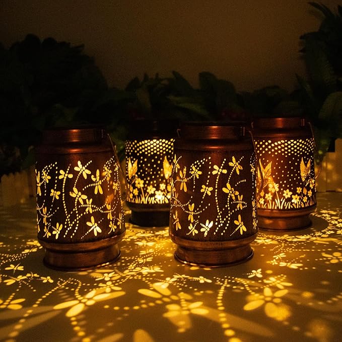 Mothers Day Gifts, 4 Packs Dragonfly&Hummingbird Solar Lantern Lights Outdoor Decor, Hanging Waterproof Metal Decorations, Landscape Lights for Garden Patio Yard Lawn Backyard Front Porch