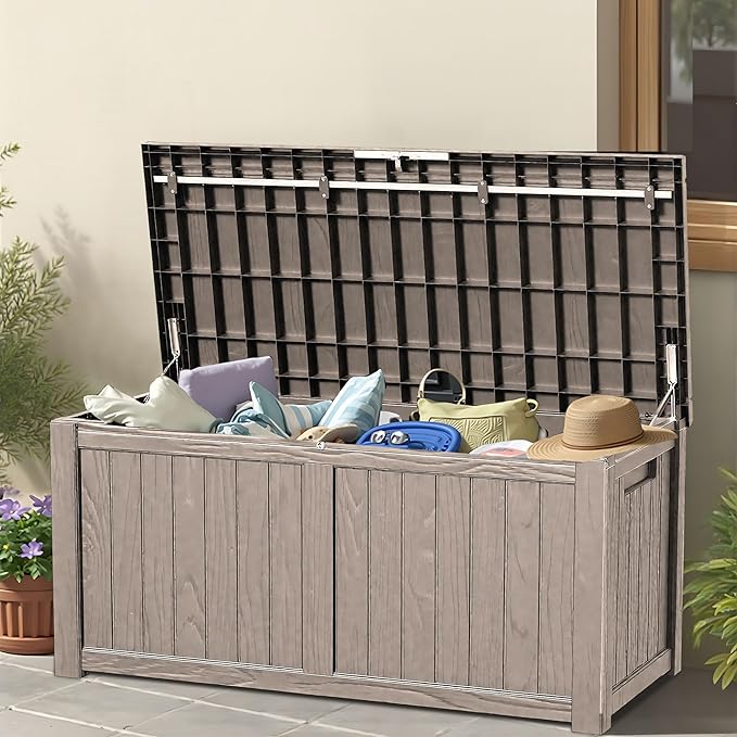 120 Outdoor Storage Box, Waterproof Resin Deck Box for Indoor & Outdoor Use, Lockable Storage Bench with Piston Hinge, Storage Bin for Patio Cushions, Garden Tools, Package Delivery, Grey