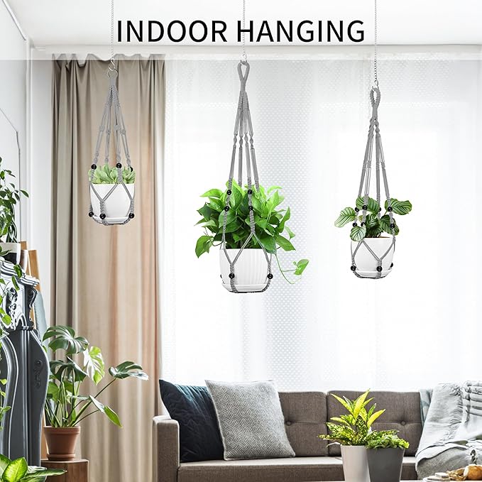 3 Pack Macrame Plant Hanger - 35"/29"/23" Different Sizes, Hanging Planter Basket Flower Pot Holder for Indoor Outdoor, Boho Home Decor, Gray (POTS NOT Included)