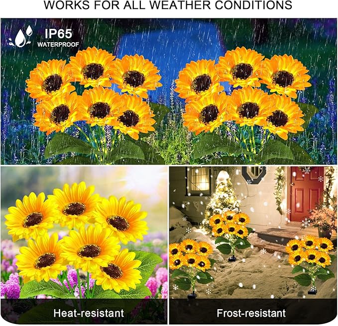 2 Pack with 12 Solar Sunflower Garden Lights Warm White LED Outdoor Decorative Stake Lights for Yard, Patio, Lawn, Pathway, IP65 Waterproof, Ideal Gift for Women, Mom, Grandma, Friends