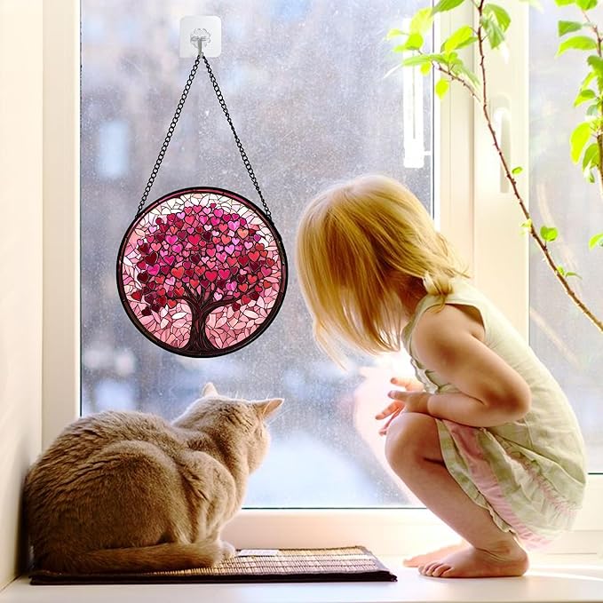 Stained Glass Window Hanging, Pink Love Tree of Life Sun Catchers Colorful Glass Panel Suncatcher Decor for Birthday for Women, Men, Wife, Lovers, and Mom 6.3 in