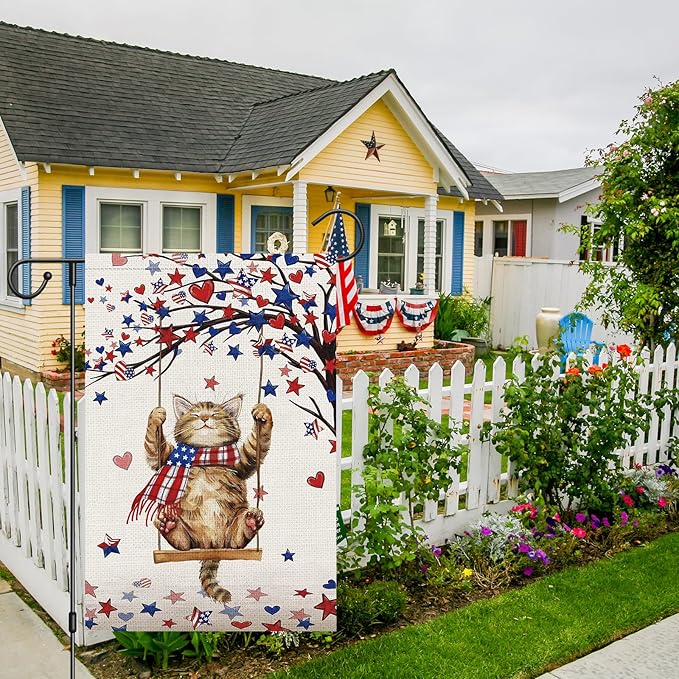 Heyfibro 4th Of July Patriotic Cute Cat Garden Flag 12x18 Double Sided Burlap, Heart Star Tree Pattern USA Flags Retro Yard Banner for Rustic Independence Day Outdoor Decor (ONLY FLAG)