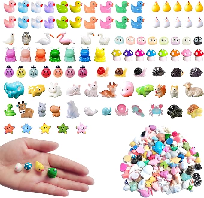 100 Pcs Mini Resin Animals Mini Duck Frog Mushroom Figures Model Kit for Miniature Garden Fairy Garden Dollhouse Decoration and Creative DIY