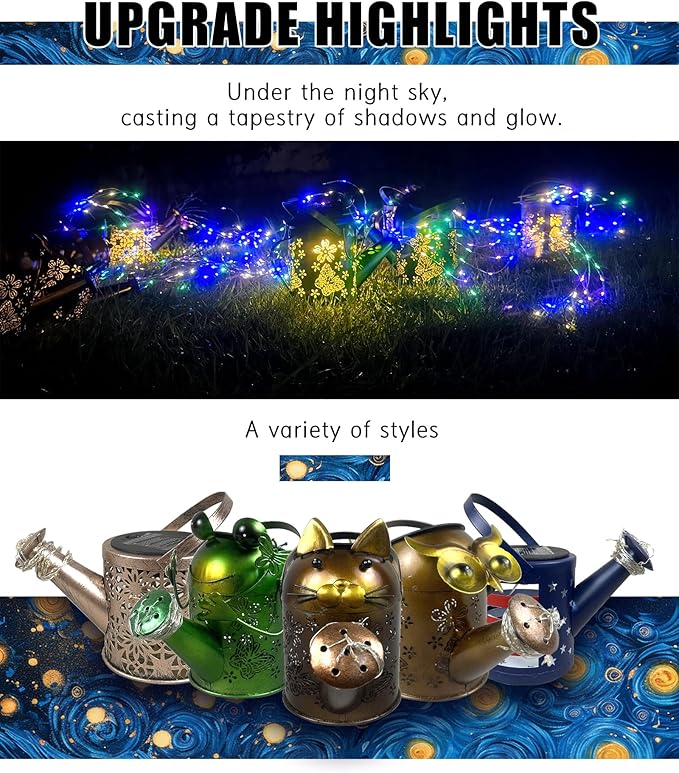 Solar Watering Can with Colorful Lighting, Waterproof Garden Decor, Birthday Gifts for Mom Grandma (Flag, 32 inch Shepherd Hook)