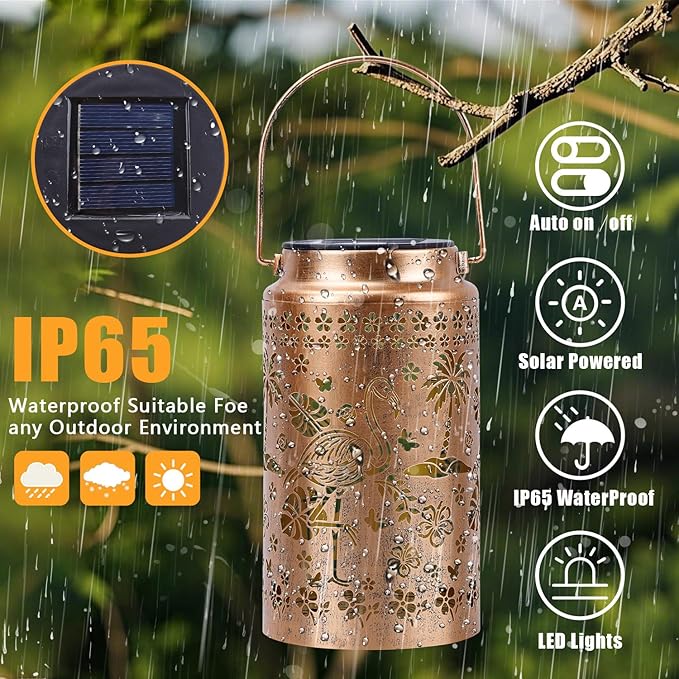 Flamingo Solar Lanterns Outdoor Waterproof, Metal Hanging Lights Decorations for Garden Yard Lawn Patio, Unique Flamingo Gifts for Women Mom Grandma Gardener for Mother'Day Christmas
