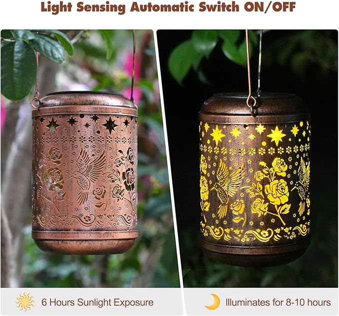 Kaixoxin 2 Pack Solar Garden Decor Metal Lantern Hummingbird Table Lamp Bronze Outdoor Dercoration Great Gift for Women Mon Grandma Hanging Lights for Patio Courtyard Garden