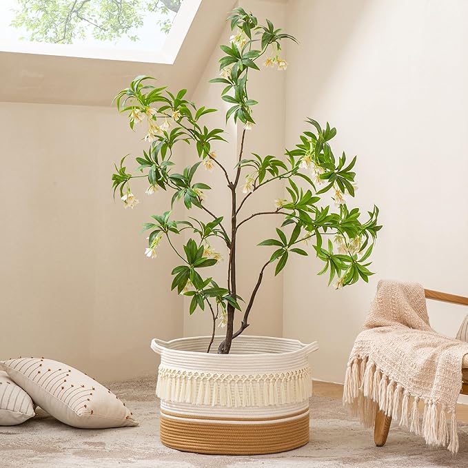 KAKAMAY Large Blanket Basket (20"x13"),Woven Baskets for storage Baby Laundry Hamper, Cotton Rope Blanket Basket for Living Room, Laundry, Nursery, Pillows, Baby Toy chest (White Fringe)