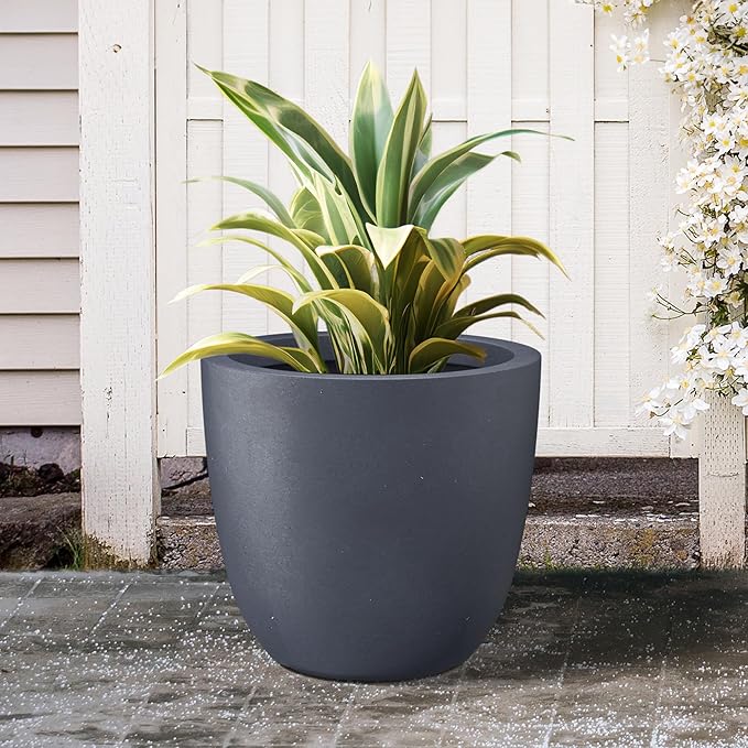 Kante 18 Inch Dia Round Concrete Planter, Indoor Outdoor Large Plant Pot with Drainage Hole and Rubber Plug for Home Patio Garden, Charcoal