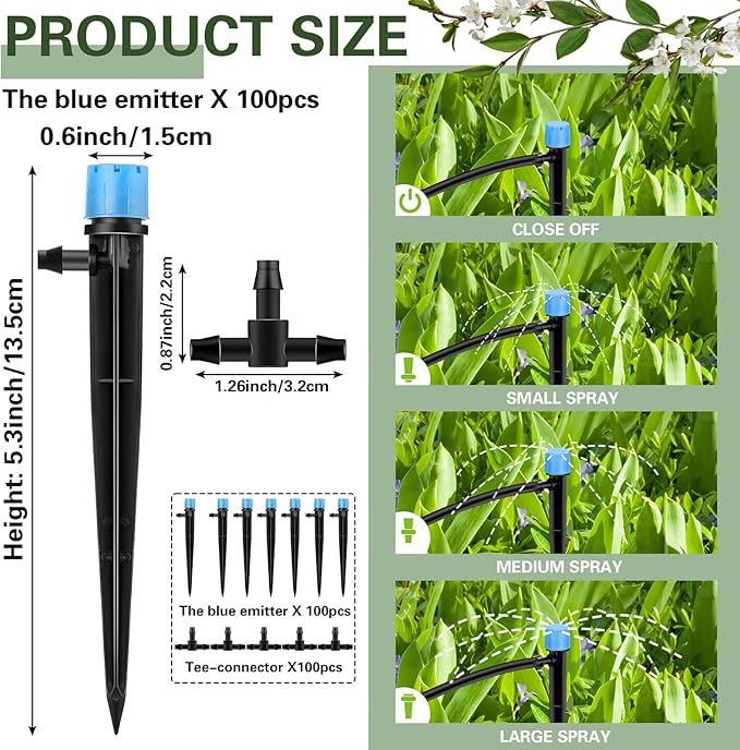200 Pcs Drip Irrigation Kit for 1/4" Tubing Include 100 Drip Irrigation Emitter Adjustable Fan Shape Drip Irrigation Parts and 100 Barbed Tee Fittings Barbed Connectors for Garden Lawn Patio