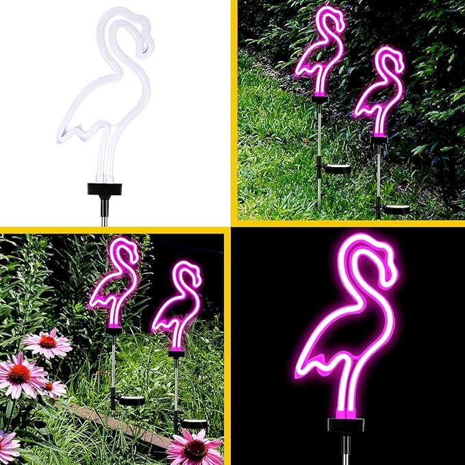 Hortsun Flamingo Solar Lights Outdoor Neon Light Yard Pink Flamingo Waterproof Decorations for Garden Patio Yard Pathway Decoration(4 Pack)