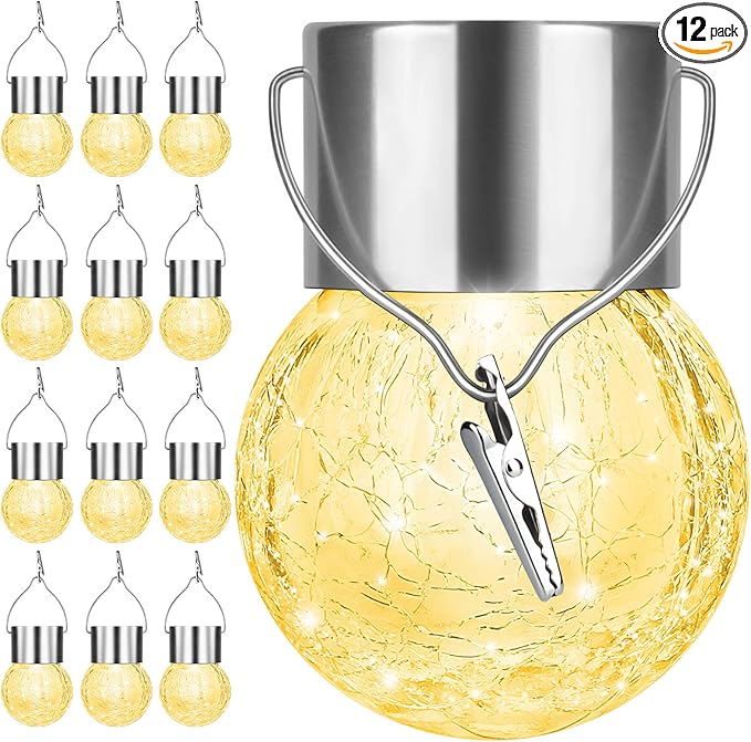 12Pack Hanging Outdoor Solar Lights - Decorative Cracked Glass LED Ball Lights Waterproof Tree Solar Powered Globe Lights with Handle for Garden Yard Patio Fence Christmas Decoration, Warm White