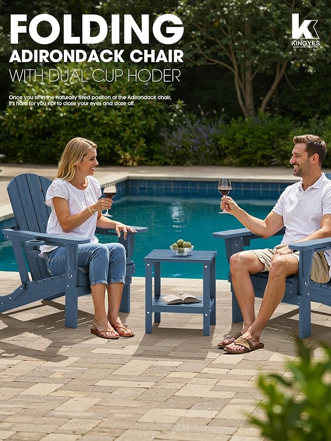 KINGYES Folding Adirondack Chair Set of 4, Dual Cup Holders & All-Weather HDPE, Wood-Like Patio Chair for Backyard, Camping, Pool & Fire Pit, Navy