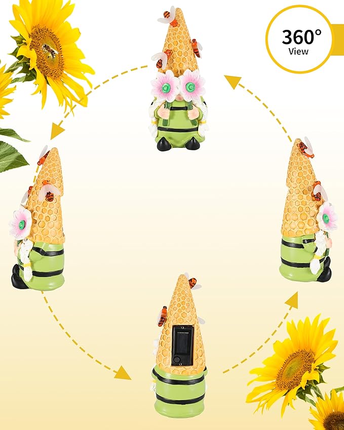iStatue Solar Garden Gnome Figurine Light with Bees Sunflower, 9.5'' Resin Outdoor Statue for Yard Patio Decor Lawn Ornaments Porch Garden Gifts for Women/Girl (Ms Bee Gnome)