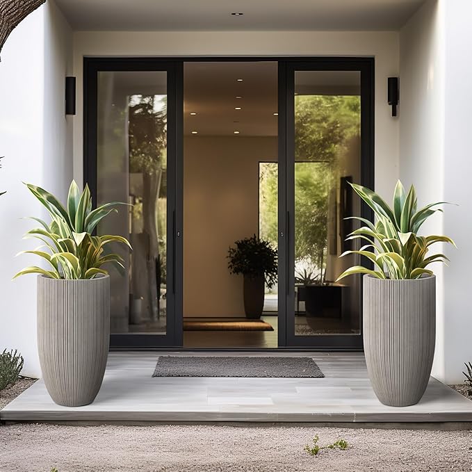 Kante 24 Inch Tall Round Concrete Planter, Large Indoor Outdoor Plant Pots with Drainage Hole and Rubber Plug, Modern Decorative Garden Pots for Home Patio Porch, Textured Weathered Concrete