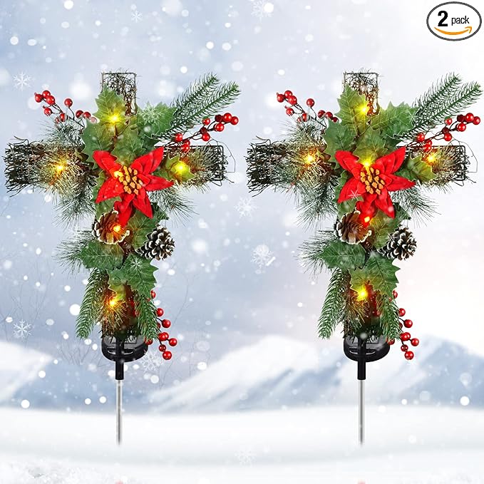 2 Pack Christmas Decorations Outdoor Solar Cross Stake Lights for Christmas Decor, IP65 Waterproof, Auto On/Off Cross Light Grave Decorations with 10 LEDs & Pinecones for Garden Yard Lawn Cemetery