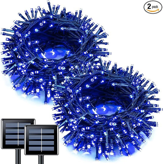 JMEXSUSS 2 Pack Blue Solar Christmas Lights: 100 LED 33ft Blue Solar Lights Outdoor, 8 Modes Solar String Lights for Outside Christmas Tree Gardens Party