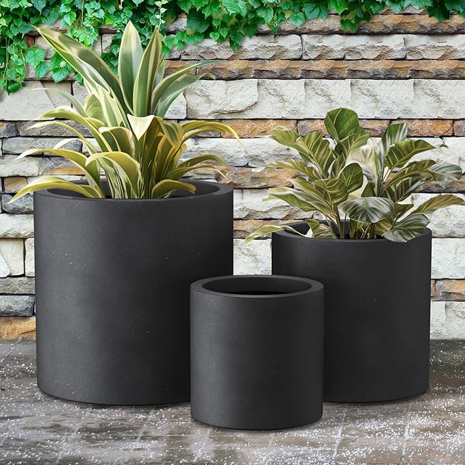 Kante 9.8",12.6",15.7" Dia Round Concrete Planter Set of 3, Modern Style Large Cylindrical Plant Pot with Drainage Hole and Rubber Plug for Indoor Outdoor Patio, Black