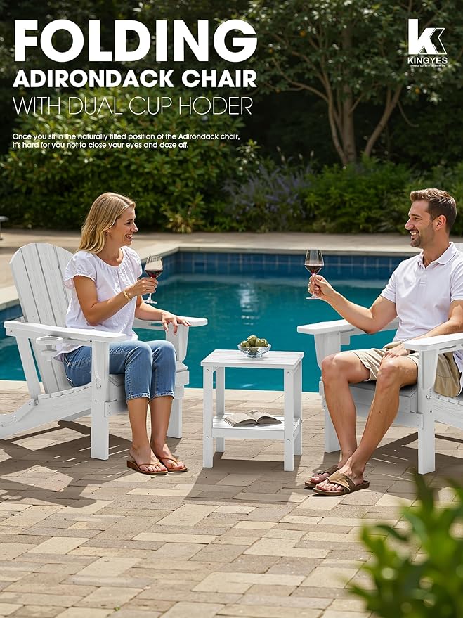 KINGYES Folding Adirondack Chair Set of 6, Dual Cup Holders & All-Weather HDPE, Wood-Like Patio Chair for Backyard, Camping, Pool & Fire Pit, White
