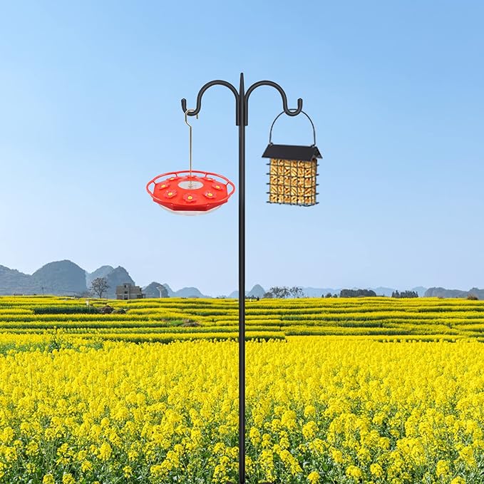 FEED GARDEN Adjustable Double Shepherds Hook for Outdoor with 5 Prong Base 76 Inch Heavy Duty Two Sided Bird Feeder Pole for Hanging Plant Baskets, Solar Light Lanterns, Wind Chimes 2 Pack