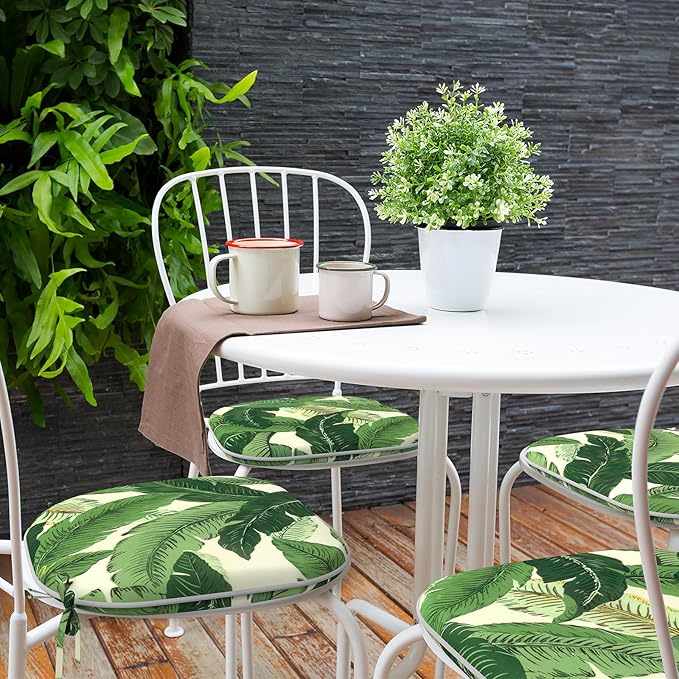 Indoor/Outdoor Chair Cushions 16x17 Inch, Patio Chair Cushions with Ties, All Weather Seat Cushions for Patio Furniture Home Garden Chair Use, Set of 4, Swaying Palms Green
