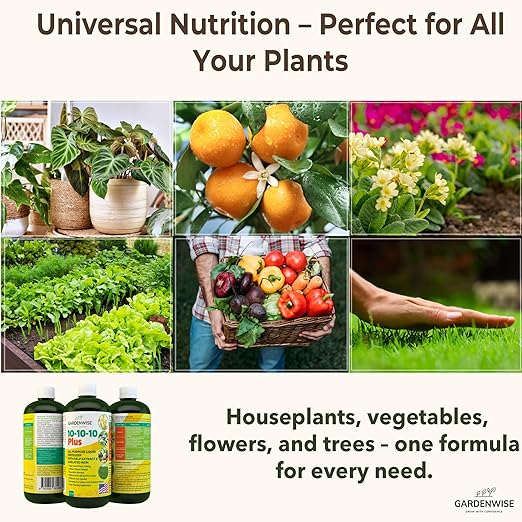 10-10-10 Fertilizer for All Purpose Plants - Liquid Fertilizer with Seaweed Kelp & Iron - Plant Food Outdoor & Indoor Plant Food, Vegetables, Flowers, Lawn & Garden 10 10 10 Fertilizer 32oz
