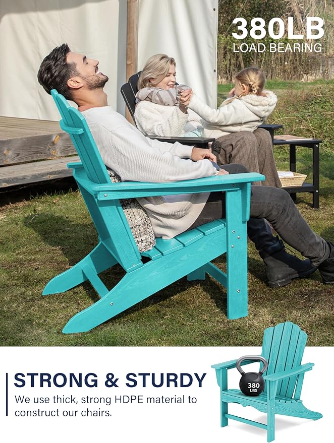 KINGYES HDPE Adirondack Chair, Classic for Patio Garden, Fire Pit, Backyard & Lawn Furniture, Easy Maintenance All Weather Adult Size Adirondack Chair, Crystal Blue