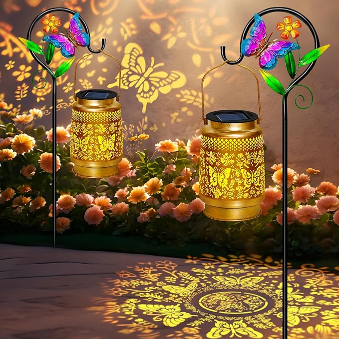 2 Pack Solar Lanterns Outdoor Waterproof,Butterfly Solar Lights Garden Decor Gifts for Mom Women Grandma Decoration Outside for Yard, Patio,Backyard,Porch