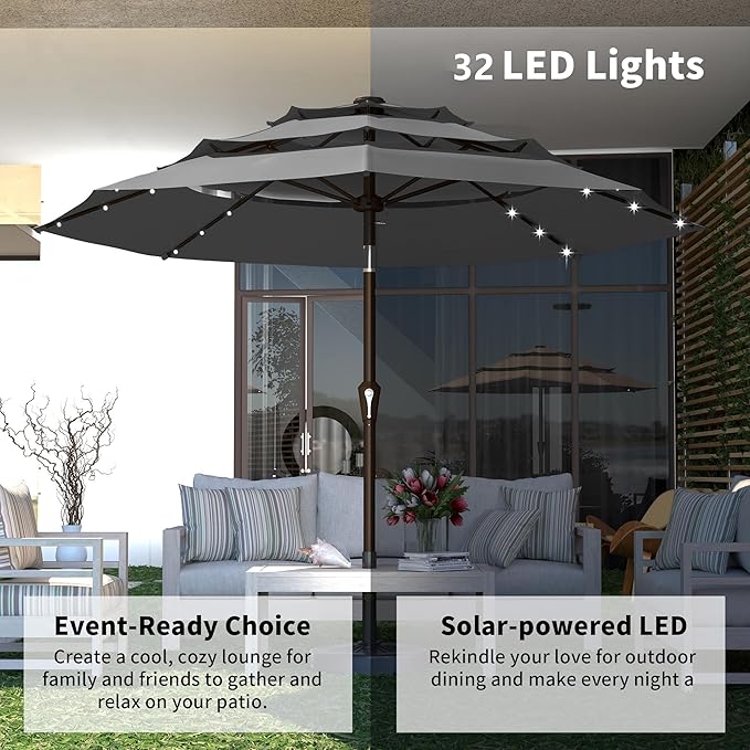 Kingdura 10ft 3-Tier Patio Umbrella with Solar Lights, Table Umbrella Outdoor Patio with Easy Crank & Tilt, 8 Sturdy Ribs, UV Protection, 32 LED Lights for Deck, Poolside, Market (Grey)